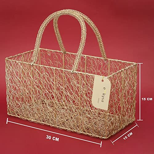 Ekysa Dekor Metal Meshwire Multipurpose Hamper Fancy Basket/Tray/Platter With Wire Handles For Packing, Gifting, Decoration - Golden (12 * 6 * 6 Inch)
