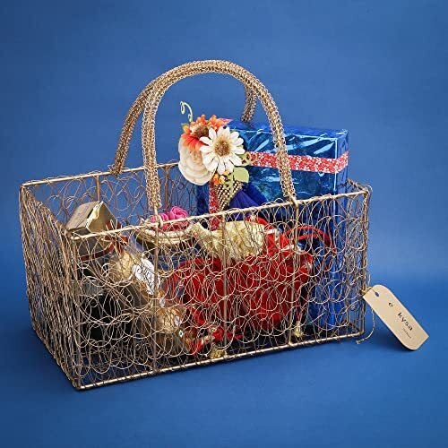 Ekysa Dekor Metal Meshwire Multipurpose Hamper Fancy Basket/Tray/Platter With Wire Handles For Packing, Gifting, Decoration - Golden (12 * 6 * 6 Inch)
