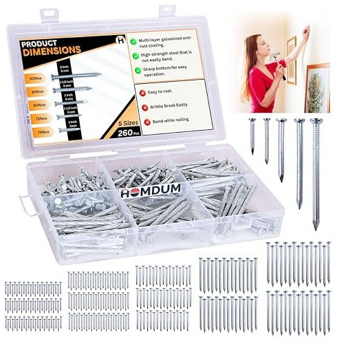 Homdum Assorted Hard Steel Concrete Nails (1-1-2-2 -3) Pack Contains 260 Pcs Of 5 Sizes (5 Sizes)