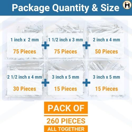 Homdum Assorted Hard Steel Concrete Nails (1-1-2-2 -3) Pack Contains 260 Pcs Of 5 Sizes (5 Sizes)