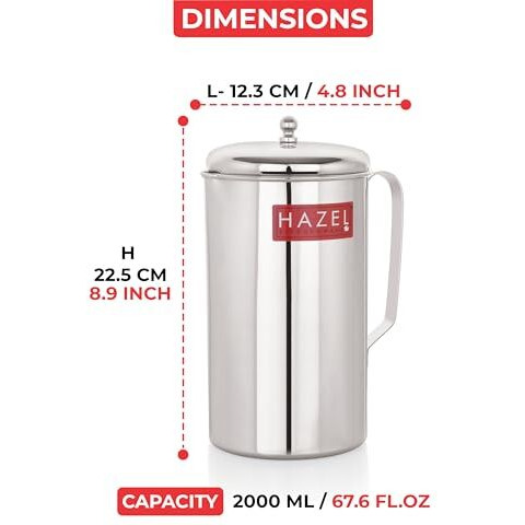 Hazel Water Jug With Lid | Stainless Steel Serve Water Pitcher | Ideal For Serving Water, Juices & Beverages, 2 Litre