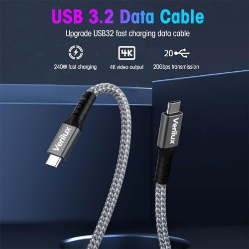 Verilux Type C To Type C Cable, 4.9Ft Pd 240W Fast Charging Cable Adapter, Support 20Gbps Data Transfer, 4K@60Hz Display Male To Male Usb Type C Cable For Thunderbolt 4/3, Mobile, Macbook, Samsung
