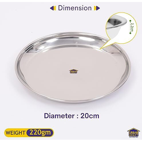 Urban Kraft Stainless Steel Breakfast Plates Set Of 6 | Quarter Plates | High Grade Tiffin Plates | Small Nashta Plate | Steel Plates For Kids - Mirror Finish, Bpa Free Snacks Plates (Dia 20Cm)