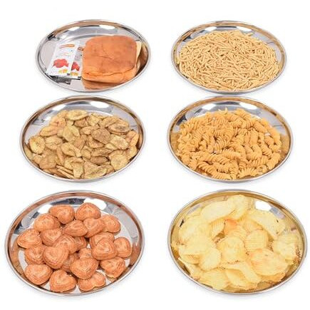 Urban Kraft Stainless Steel Breakfast Plates Set Of 6 | Quarter Plates | High Grade Tiffin Plates | Small Nashta Plate | Steel Plates For Kids - Mirror Finish, Bpa Free Snacks Plates (Dia 20Cm)