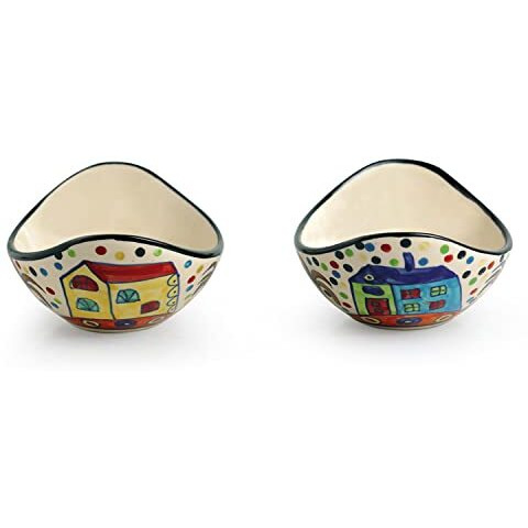 Exclusivelane Hut Handpainted Ceramic Hut Serving Bowl Set For Snacks Dinner (190Ml, Multicolour)- 2 Pc