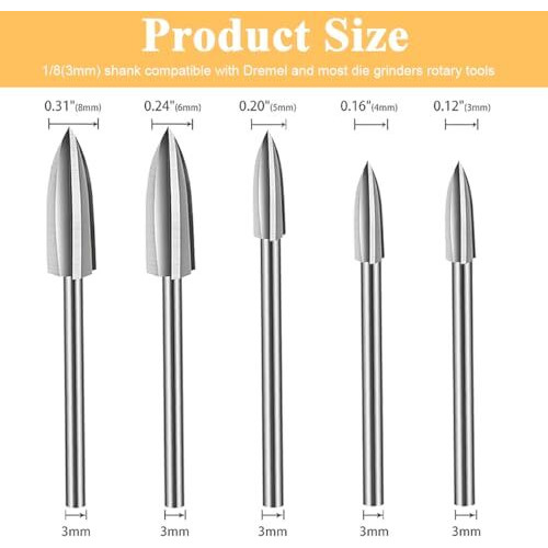 Wood Carving Tools For Rotary Tool, 5Pcs Hss Woodworking Tools Engraving Drill Bit Set Wood Crafts Grinding Tool Universal 1/8" Shank For Diy Carving Drilling Micro Sculpture