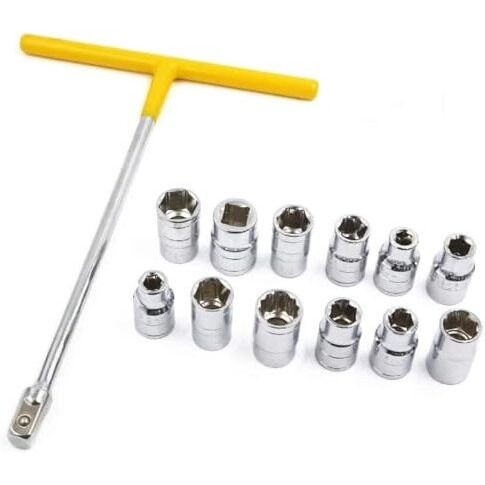Kashtha Enterprise 13 Pcs Vehicle Car T Shaped Handle Wrench Spanner With 8-19Mm 1/2 Socket Tool Set (13 In 1 T Handle Spanner)