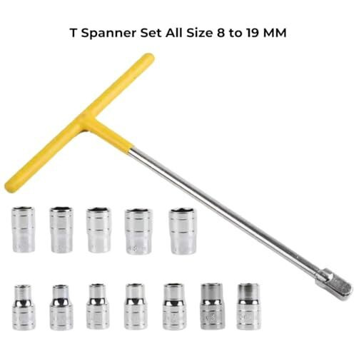 Kashtha Enterprise 13 Pcs Vehicle Car T Shaped Handle Wrench Spanner With 8-19Mm 1/2 Socket Tool Set (13 In 1 T Handle Spanner)