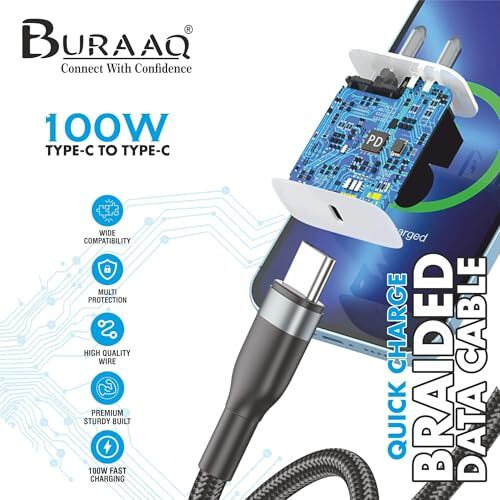 Buraaq 100W Braided Type C To Type C| C To C Cable Fast Charging| Compatible With Tabs & Phones Like Samsung, Xiaomi, Iqoo, Mi, Realme, Oppo, Nothing, One Plus, Vivo & More| 1M
