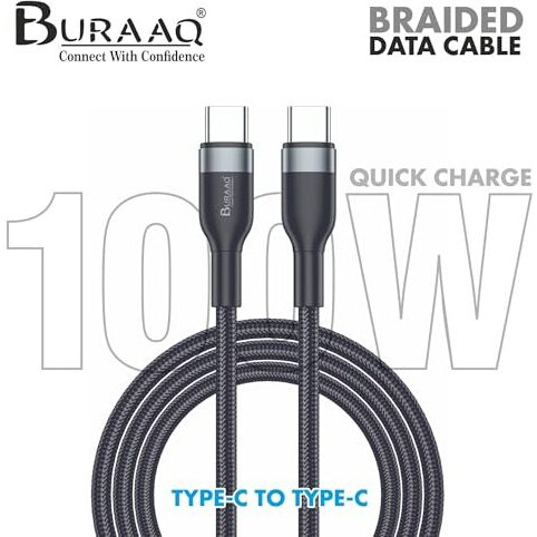 Buraaq 100W Braided Type C To Type C| C To C Cable Fast Charging| Compatible With Tabs & Phones Like Samsung, Xiaomi, Iqoo, Mi, Realme, Oppo, Nothing, One Plus, Vivo & More| 1M