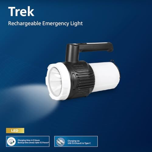 Philips Trek 5W Rechargeable Emergency Light | Long Lasting Light With 2400 Mah Battery And 5.5 Hours Backup | 3 Main Light Modes, Rapid On-Off And Stepless Dimming Feature | (Cool White + Warm White)
