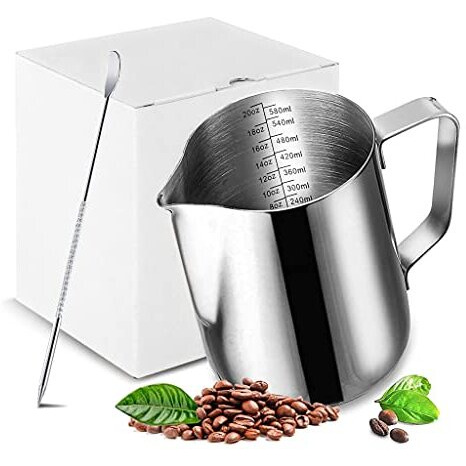 Supvox Milk Frothing Pitcher With Scale Stainless Steel Espresso Milk Frothing Pitchers For Cappuccino Barista Steam Pitchers Milk Jug Cup With Decorating Pen 20Oz