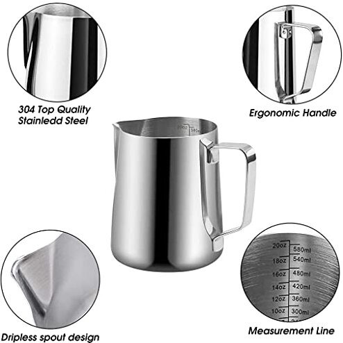 Supvox Milk Frothing Pitcher With Scale Stainless Steel Espresso Milk Frothing Pitchers For Cappuccino Barista Steam Pitchers Milk Jug Cup With Decorating Pen 20Oz