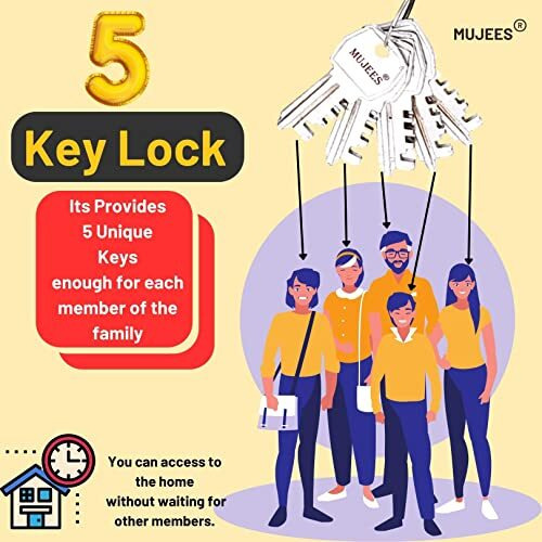 Mujees Major Lock And Keys For Home Main Door, Metal Body, Semi Cylinder 7 Lever Double Locking Comes With 5 Keys,Suitable For Wooden Main Door Or Iron Main Gate(57Mm | 5 Keys |Pack Of 1 Pcs)