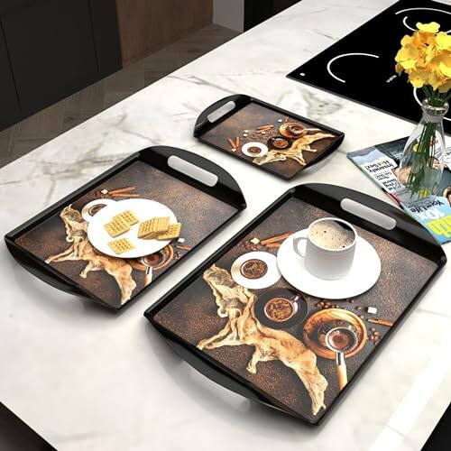 Castleite Aroma Series Melamine Trays Set Of 3 With Handles For Serving Snacks Or Tea A Designer Tray Medley For Home Or Cafe Use (Black Ivory)Rectangular