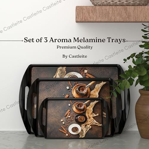 Castleite Aroma Series Melamine Trays Set Of 3 With Handles For Serving Snacks Or Tea A Designer Tray Medley For Home Or Cafe Use (Black Ivory)Rectangular