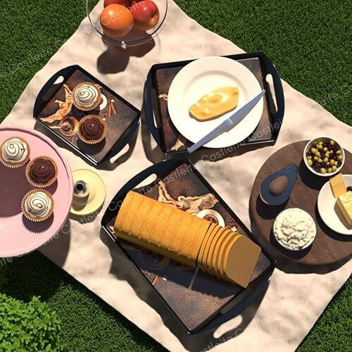 Castleite Aroma Series Melamine Trays Set Of 3 With Handles For Serving Snacks Or Tea A Designer Tray Medley For Home Or Cafe Use (Black Ivory)Rectangular