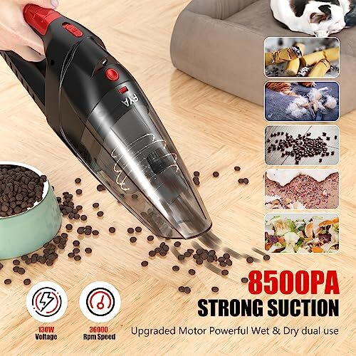 Fya Handheld Vacuum Cleaner Cordless, 8500Pa Rechargeable, Car Vacuum With 500Ml Dustbin, Wet/Dry Hand Held Vacuum Cleaner, Portable Vacuum For Home, Car, Pet Hair, Hepa Filter, Black And Red, 1 Piece