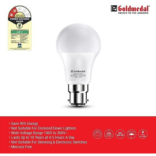 Goldmedal Wow 9W B22 Base Led Bulb - Cool Daylight (6500K) | Energy Efficient | 230 Degree Light Coverage | Surge Protection Up To 4Kv | Rated Life 15000 Hrs | For Home & Office |Pack Of 10