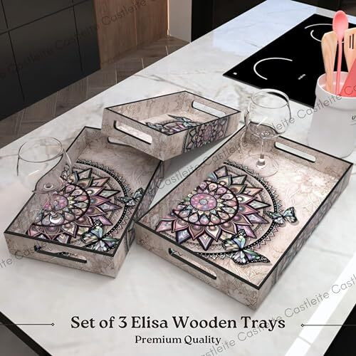 Castleite Elisa Mandala Wooden Trays For Serving & Decoration-Set Of 3 | Handcrafted Organizers With Cut-Out Handles For Dining & Home Decor | Epoxy Resin Finish-Size Small, Medium & Large (Isadora)