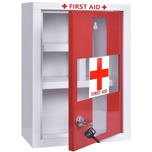 Plantex Metal Emergency First Aid Box For Home/Medical Box For Medicine Storage With Multi Compartments For School, Office - With Lock (Red & White) Big Size, Wall Mount
