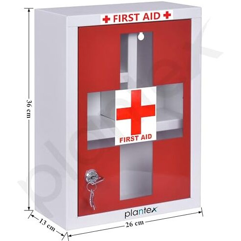 Plantex Metal Emergency First Aid Box For Home/Medical Box For Medicine Storage With Multi Compartments For School, Office - With Lock (Red & White) Big Size, Wall Mount