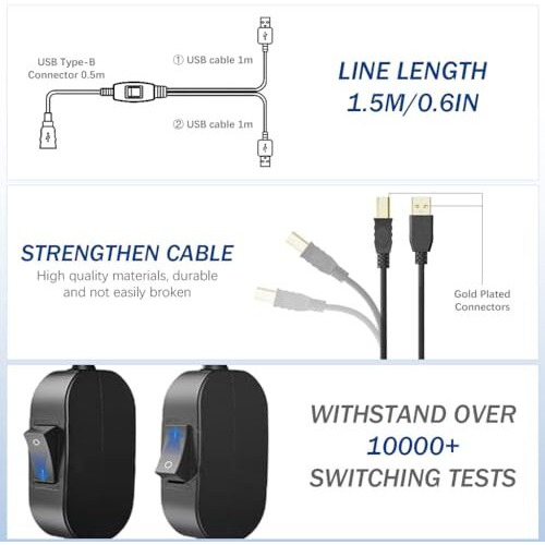 Verilux 5Ft Printer Cable With Switcher, Dual Usb To Usb-B Printer Cable For Two Computers Nylon Gold Plated Printer Cable For Hp, Canon, Dell, Epson, Lexmark, Xerox, Samsung And More
