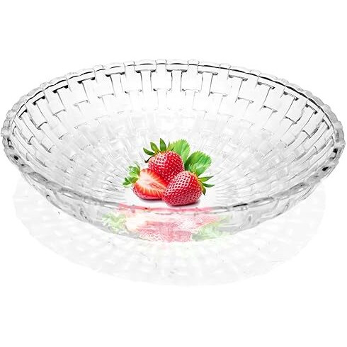 Pure Source India Glass Floral Fruit Bowl For Dining Table Decoration, Home Decor & Gifting Purpose- 1 Piece, Transparent, 10 Inch
