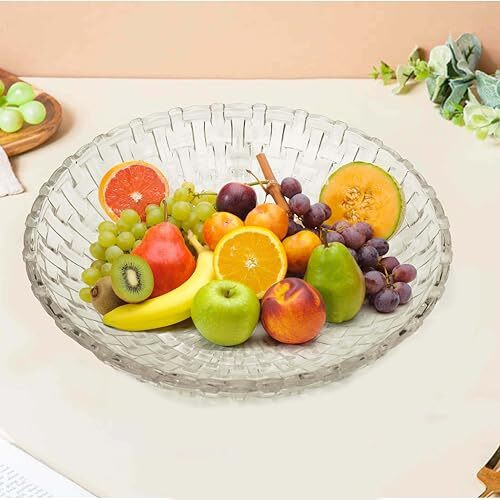 Pure Source India Glass Floral Fruit Bowl For Dining Table Decoration, Home Decor & Gifting Purpose- 1 Piece, Transparent, 10 Inch
