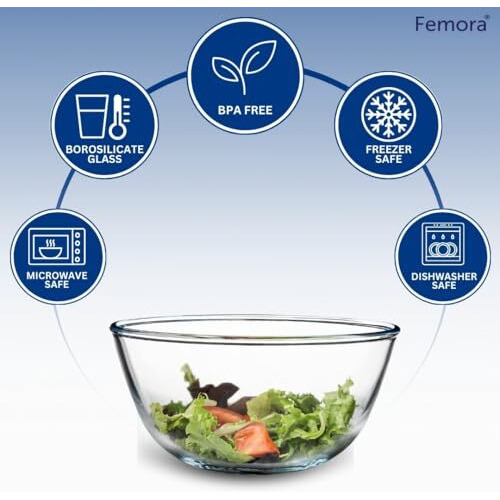 Femora Borosilicate Glass Mixing Bowl | Microwave Safe Bowl | Oven Bowls |1 Year Warrnty | Set Of 1, 2100 Ml