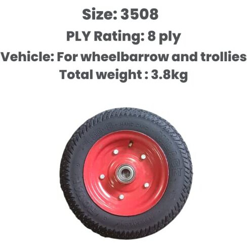 Qadar Heavy Duty Wheelbarrow Tire With Disc 3508, Bearing Size 6205, 8 Ply Rating, Durable Rubber, And Leak Proof, Ideal For Wheelbarrow And Trolley, Suitable For 25Mm Shaft/Excel (1 No)