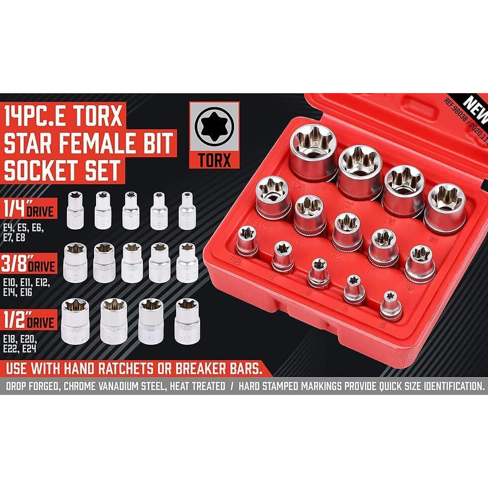 Aasons Chrome Vanadium Steel 14-Piece E-Torx Premium Socket Set - E4 To E24 Ultimate Star And Torque Set