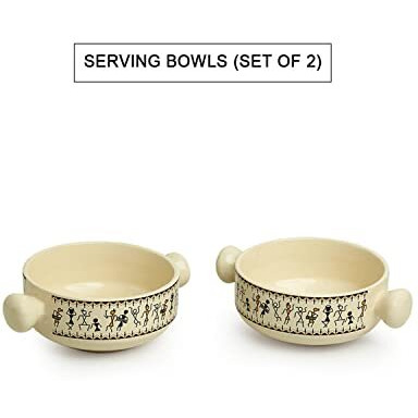 Exclusivelane 'Whispers Of Warli' Ceramic Bowls For Serving Bowls Set Snacks Bowl Set (2 Pieces,400 Ml) Handpainted Microwave Safe Bowls For Kitchen Serving Bowls For Snacks Bowls Set,Multicolor