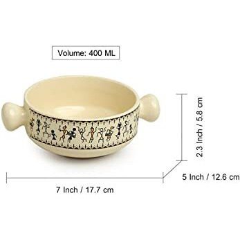 Exclusivelane 'Whispers Of Warli' Ceramic Bowls For Serving Bowls Set Snacks Bowl Set (2 Pieces,400 Ml) Handpainted Microwave Safe Bowls For Kitchen Serving Bowls For Snacks Bowls Set,Multicolor