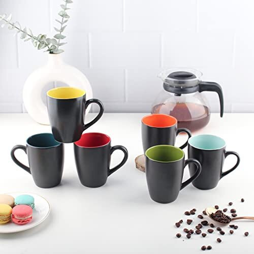 Anwaliya Matte Black Finish Ceramic Coffee Mug Set Of 6 (280Ml) Handcrafted Design Tea Cups Stackable, Chip Resistant, Large Serving Green Tea Cups, Multicolor Inside (Inner Color May Vary)