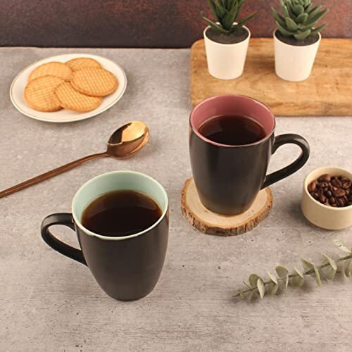 Anwaliya Matte Black Finish Ceramic Coffee Mug Set Of 6 (280Ml) Handcrafted Design Tea Cups Stackable, Chip Resistant, Large Serving Green Tea Cups, Multicolor Inside (Inner Color May Vary)