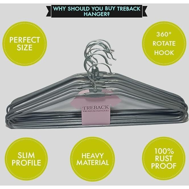 Treback Stainless Steel Hanger With Plastic Coating | Wardobe Hanger Pack Of 10 | Space Saving Clothe Hanger Comes In Red, Black And Grey Color | Hanger | Coth Hanger (New Grey)