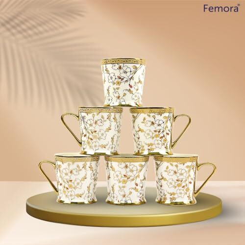 Femora Vintage Floral Gold Ceramic Coffee & Tea Cup | Finest Premium For Tea/Coffee/Hot Drinks | Set Of 6 | Capacity- 180 Ml |(Not Microwave Safe)