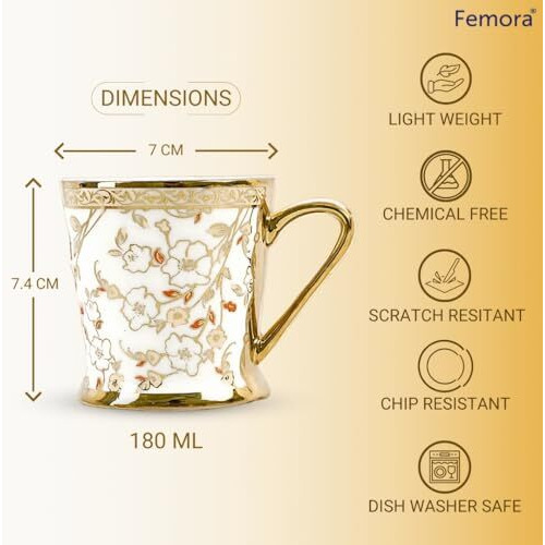 Femora Vintage Floral Gold Ceramic Coffee & Tea Cup | Finest Premium For Tea/Coffee/Hot Drinks | Set Of 6 | Capacity- 180 Ml |(Not Microwave Safe)