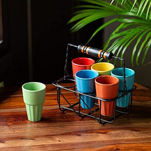 Exclusivelane 'Pastel Punch' Cutting Chai Ceramic Tea Glasses Set With Iron Holder Tea Cups For Tea Set Of 6 (110 Ml)| Cutting Chai Glasses With Stand Tea Glasses With Handle|