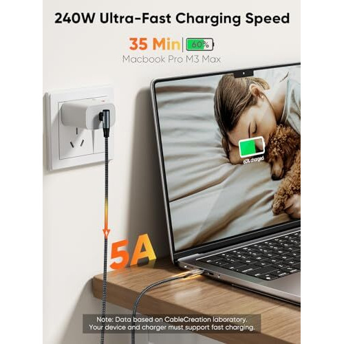 Cablecreation Right Angle Usb C To C Cable 240W,10Ft 5A Type C Fast Charging Cable,Braided Usb C To C Cord For Iphone 15 Pro Max,Macbook Pro/Air,Ipad Pro/Air/Mini,Galaxy S24/S24 Ultra/S23/S22,Black