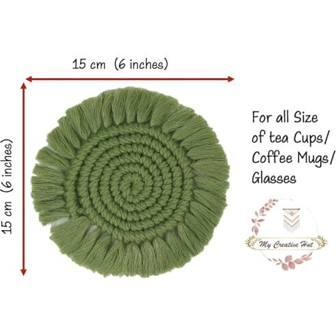 My Creative Hut Macrame Set Of 4 Round Coasters Bohemian Style, Handmade, More Absorbent, Traditional, Diwali Gifting, Multipurpose, Big Size (Green)