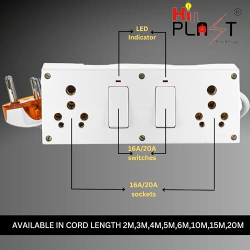 Hi Plasst Electric Heavy Duty 16A Extension Board For Heavy Appliances With 2-16A Switch & 2-16A/20A Sockets,With Indicator And Heavy Duty 1.5Sqmm Wire For Load Upto 2200W (Alx-16A-2+2-1.5Sqmm-2M)