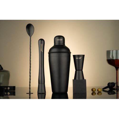 Car-O-Bar Black Bar Kit Without Stand | Bar Set For Home - 9 Piece Bartender Kit Cocktail Shaker, Bar Spoon, Jigger, Muddler, Strainer, Wine & Beer Bottle Opener, 2 Pour Spouts, Tong (9)