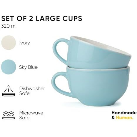 Shay Large Ceramic Coffee Cup Set Of 2, Light Blue, 320Ml | Cappuccino Cup | Glossy Finish | Large Ceramic Coffee Cup | Premium Ceramic Coffee Cup | Microwave Safe (Xl Cuppa - Social Blue Ivory)