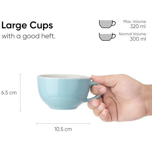 Shay Large Ceramic Coffee Cup Set Of 2, Light Blue, 320Ml | Cappuccino Cup | Glossy Finish | Large Ceramic Coffee Cup | Premium Ceramic Coffee Cup | Microwave Safe (Xl Cuppa - Social Blue Ivory)