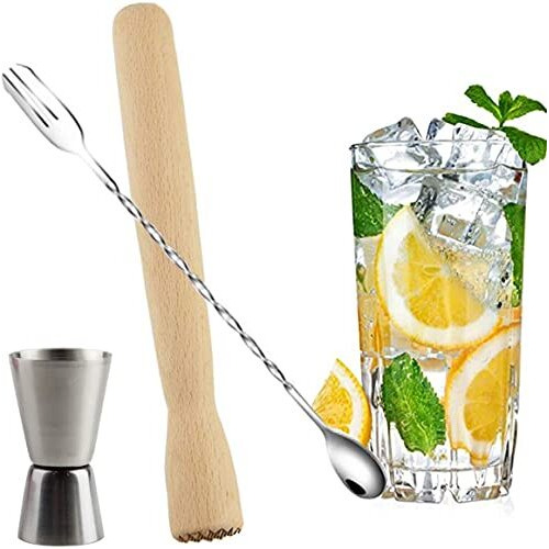 Cozy Tossy Muddler And Jigger Set, 12" Stainless Steel Mixing Spoon And 8" Wooden Cocktail Muddler With Double Jigger For Making Cocktails Drinks Juices