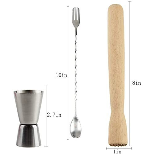 Cozy Tossy Muddler And Jigger Set, 12" Stainless Steel Mixing Spoon And 8" Wooden Cocktail Muddler With Double Jigger For Making Cocktails Drinks Juices