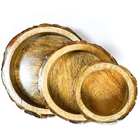 Naayaab Craft Mango Wood Handcrafted Wooden Serving Tray, Portable Wooden Platter - Set Of 3 Small (5 Inch Medium 7 Inch Large 9 Inch) For Food, Coffee, Or Beverages, Round