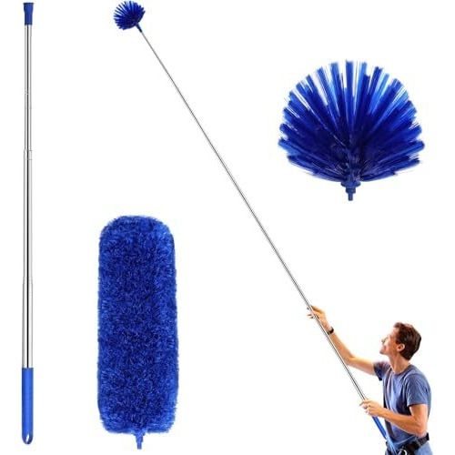 2 In 1 Long Handle Microfiber Feather Duster With Extension Pole 30-100 Inch With Anti Scratch Bendable Head For Cleaning High Cobweb Stick High Ceiling Fan Mop (Blue)